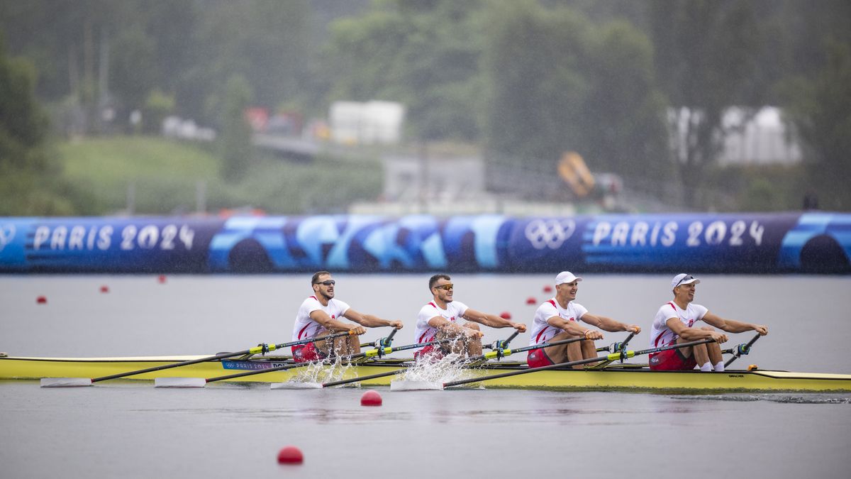 PARIS, FRANCE - JULY 27: Dominik Czaja, Mateusz, Miroslaw Zietarski and Fabian Baranski of Team Poland compete in the Men’s Quadruple Sculls Heat during on day one of the Olympic Games Paris 2024 at Vaires-Sur-Marne Nautical Stadium on July 27, 2024 in Paris, France. (Photo by Kevin Voigt/GettyImages)