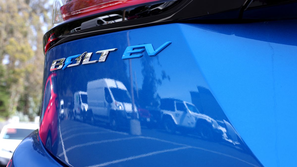 COLMA, CALIFORNIA - APRIL 25: A logo is displayed on a Chevrolet Bolt EV that sits on the sales lot at Stewart Chevrolet on April 25, 2023 in Colma, California. Chevrolet announced plans to phase out production of its Chevrolet Bolt electric vehicles as the company paves the way for a new generation of electric vehicles. (Photo by Justin Sullivan/Getty Images)