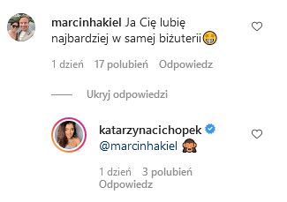 Marcin Hakiel komplementuje Katarzynę Cichopek, zamieszczając sprośny komentarz