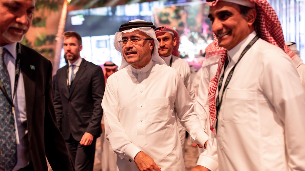Amin Nasser, chief executive officer of Saudi Aramco, center, on day two of the Future Investment Initiative (FII) conference in Riyadh, Saudi Arabia, on Wednesday, Oct. 26, 2022. Saudi Arabia hopes the FII will put Riyadh on the map as a global destination for deals, while also improving domestic investment, which has been limited. Photographer: Tasneem Alsultan/Bloomberg via Getty Images