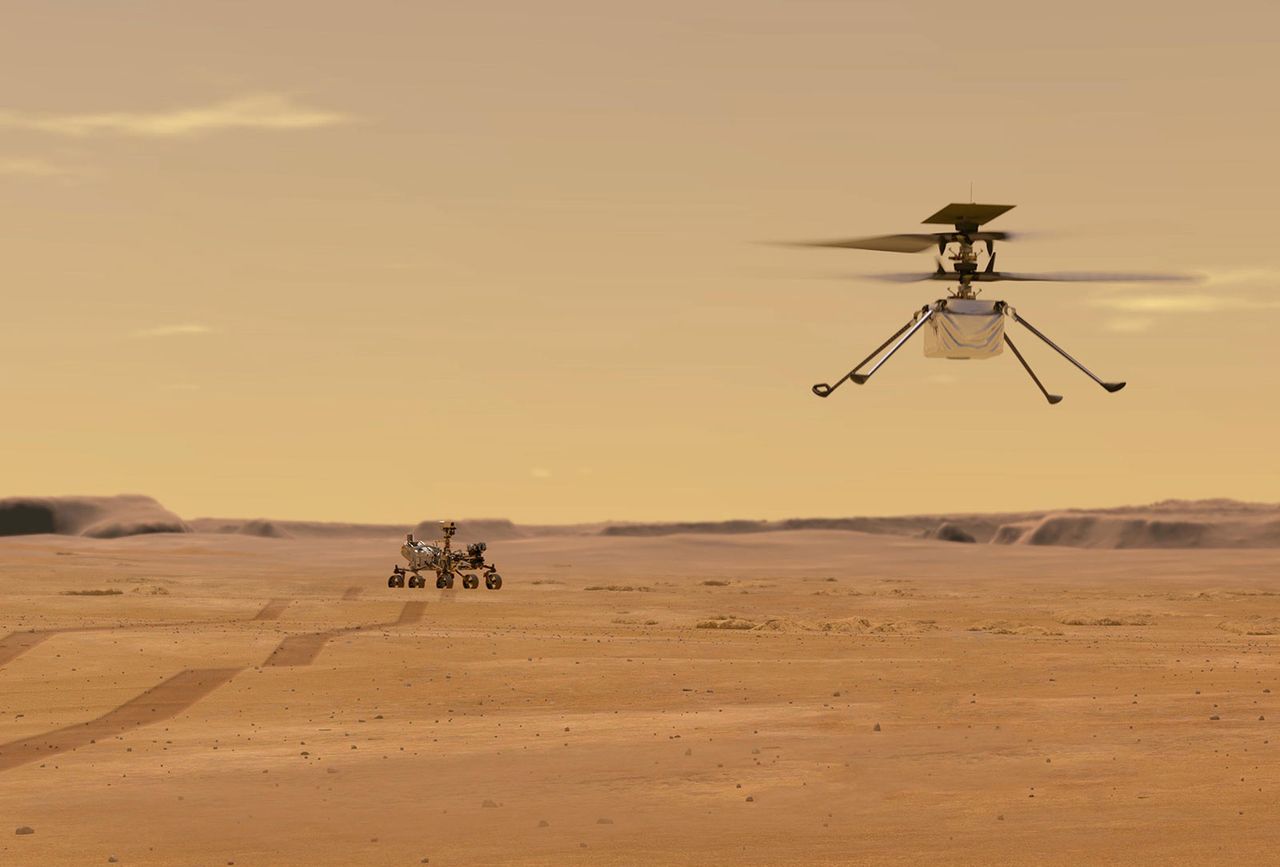 Ilustracja przedstawiająca lot helikoptera Ingenuity na Marsie.