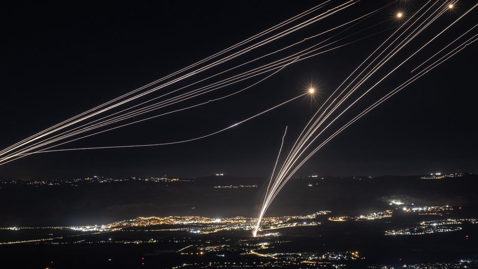 UPPER GALILEE, ISRAEL - AUGUST 03: Rockets fired from southern Lebanon are intercepted by Israeli Iron Dome air defence system over the Upper Galilee region in northern Israel, on August 03, 2024. (Photo by Mostafa Alkharouf/Anadolu via Getty Images)