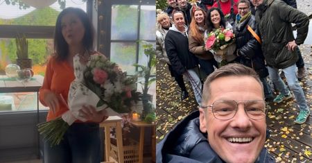 Kasia Cichopek zamiast na miesiąc miodowy, popędziła na plan "M jak miłość". Marcin Mroczek i ekipa serialu przywitała ją kwiatami