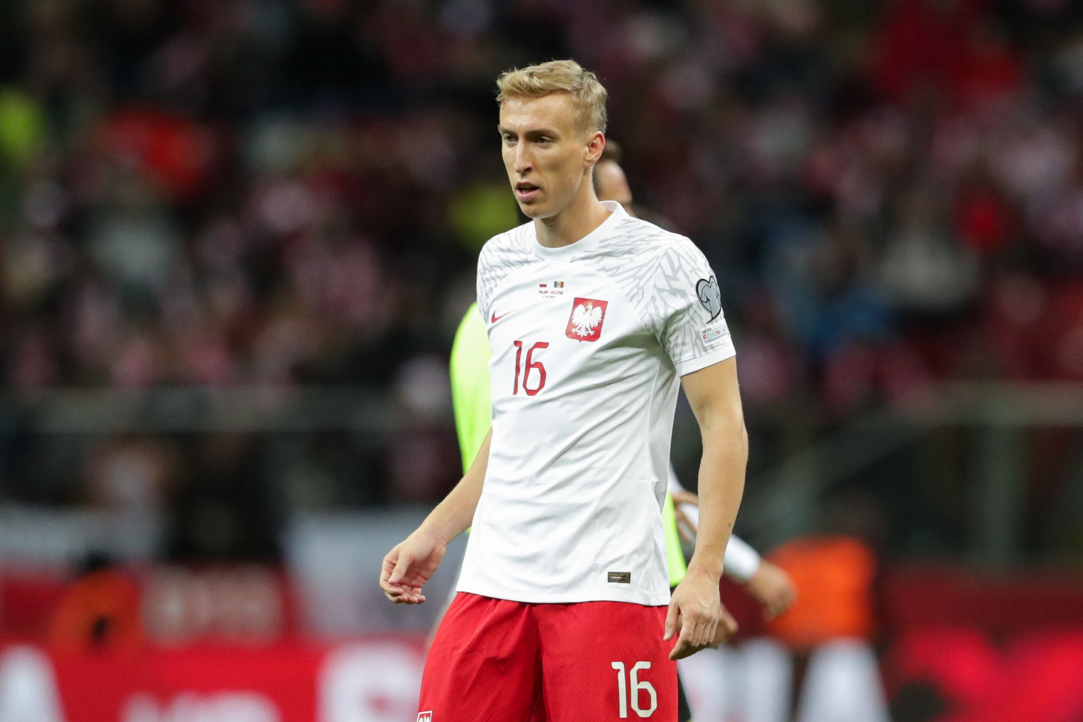 WARSAW, POLAND - 2023/10/15: Adam Buksa of Poland seen in action during the European Championship 2024-Qualifying round Match between Poland and Moldova at PGE Narodowy. Final score; Poland 1:1 Moldova. (Photo by Grzegorz Wajda/SOPA Images/LightRocket via Getty Images)