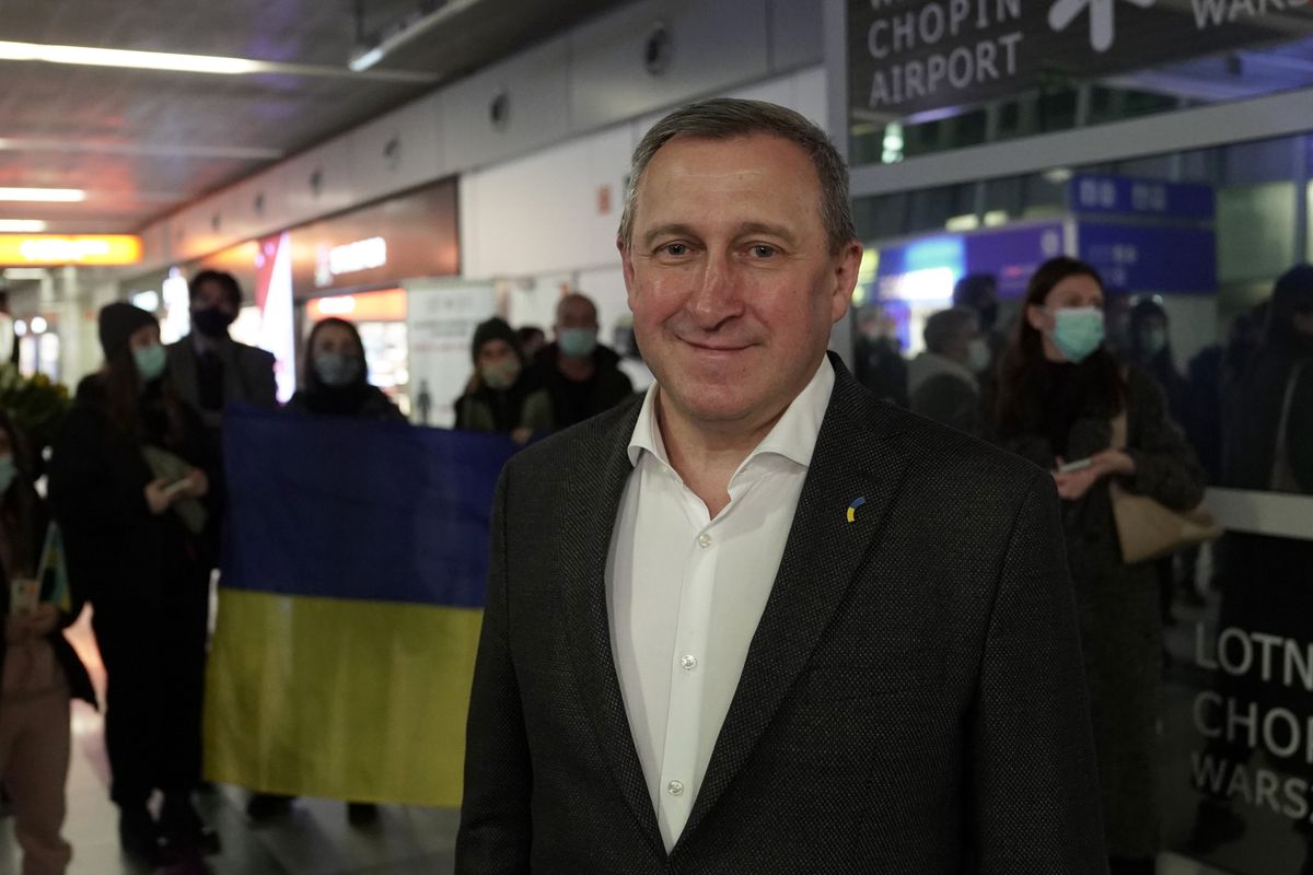 WARSAW, POLAND - MARCH 15, 2022 - Ambassador Extraordinary and Plenipotentiary of Ukraine to the Republic of Poland Andrii Deshchytsia is pictured during the ceremony to welcome Team Ukraine upon their return from the Beijing 2022 Paralympic Winter Games at Warsaw Chopin Airport, Warsaw, Poland. (Photo credit should read Anna Voitenko/ Ukrinform/Future Publishing via Getty Images)