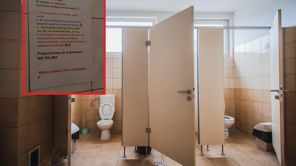 Pani sprzątająca wywiesiła kartkę w szkolnej toalecie. Napisała instrukcję do uczennic