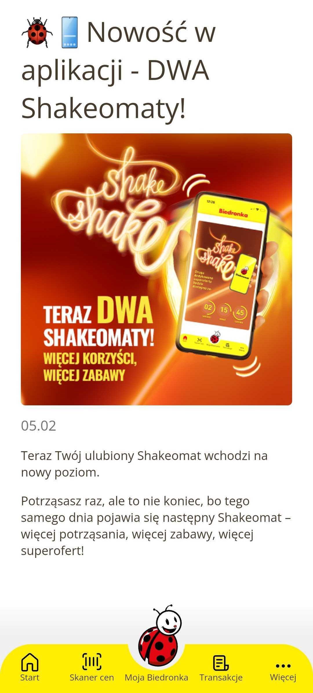 Dwa Shakeomaty w aplikacji Biedronki