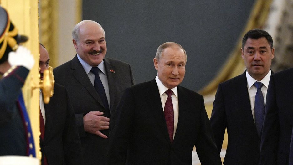 TemporaryArmenian Prime Minister Nikol Pashinyan, Belarusian President Alexander Lukashenko, Russian President Vladimir Putin, Kyrgyzstan's President Sadyr Japarov, Kazakhstan's President Kassym-Jomart Tokayev and Tajikistan's President Emomali Rakhmon enter a hall prior to a meeting of the leaders of the Collective Security Treaty Organization (CSTO) member states at the Kremlin in Moscow, Russia, Monday, May 16, 2022. (Alexander Nemenov/Pool Photo via AP)Pool Reuters