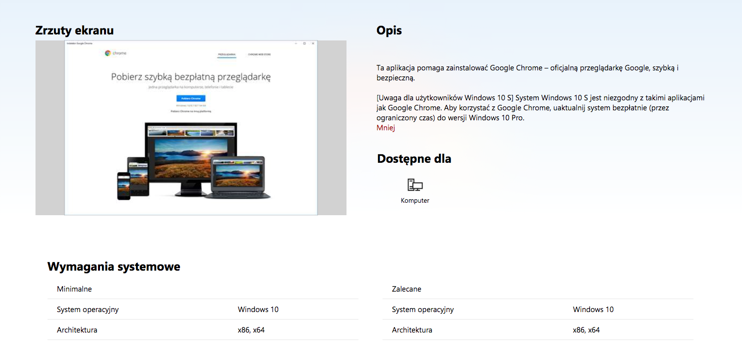 Instalator Chrome dostępny jest w Microsoft Store.