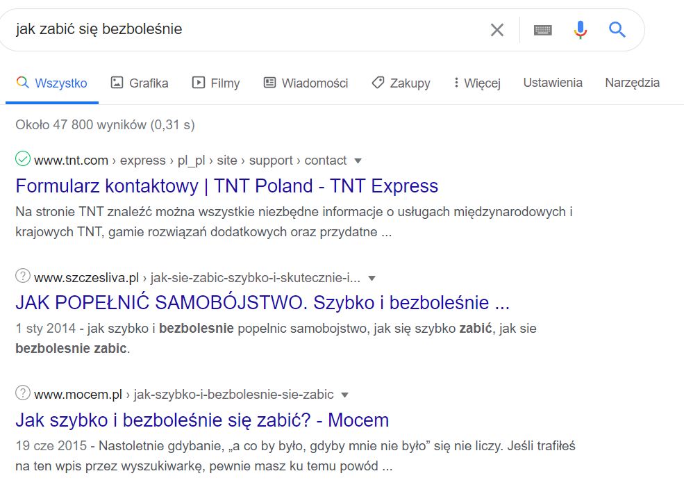Pierwsze wyniki wyszukiwania to tak naprawdę strony oferujące pomoc
