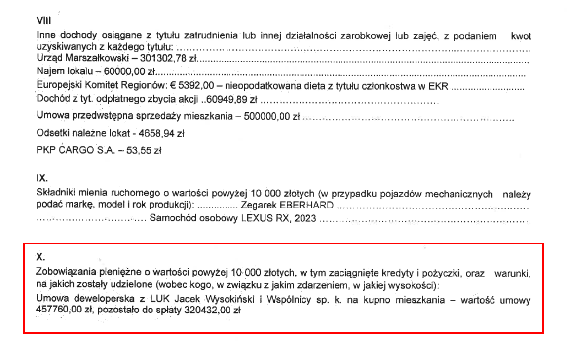 Oświadczenie majątkowe marszałka Jarosława Stawiarskiego za 2025 r.