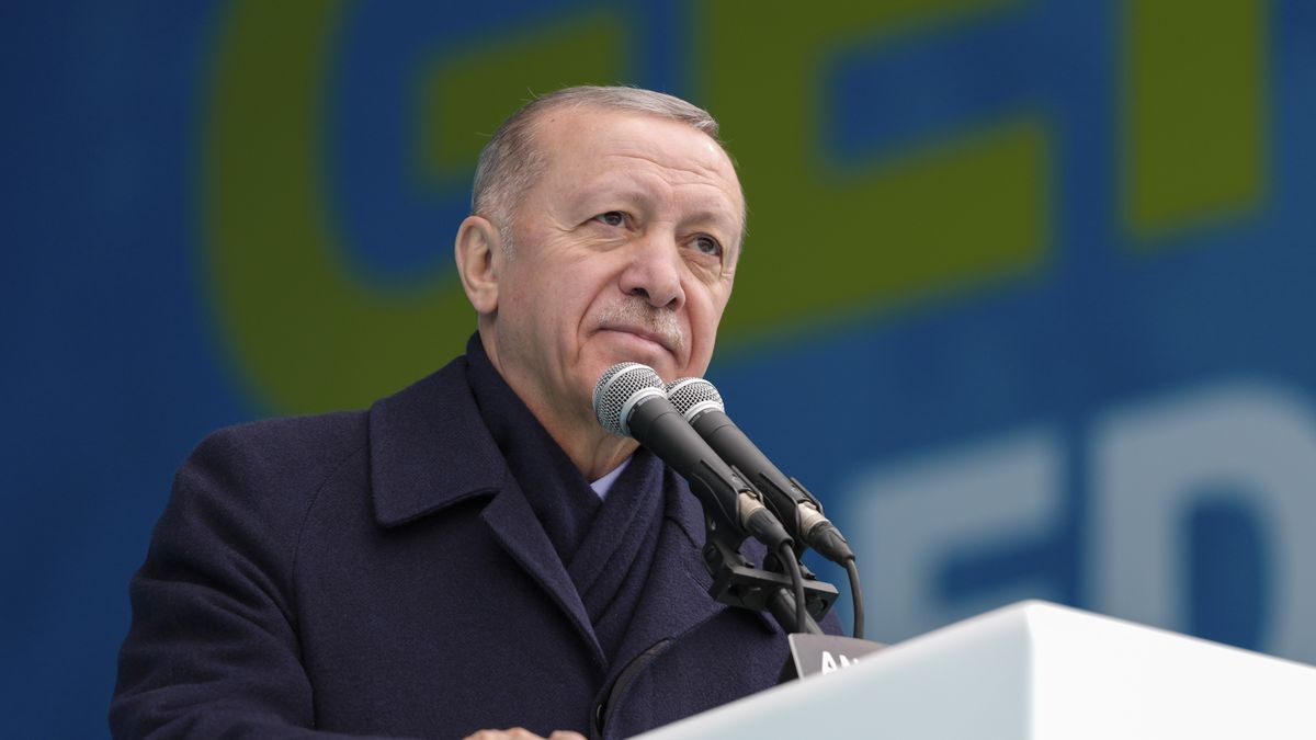 ANKARA, TURKIYE - MARCH 23: Turkish President and Leader of Justice and Development (AK) Party Recep Tayyip Erdogan addresses to crowd during his party's election rally prior to the municipal elections at Baskent Nation's Garden in Ankara, Turkiye on March 23, 2024. (Photo by Emin Sansar/Anadolu via Getty Images)