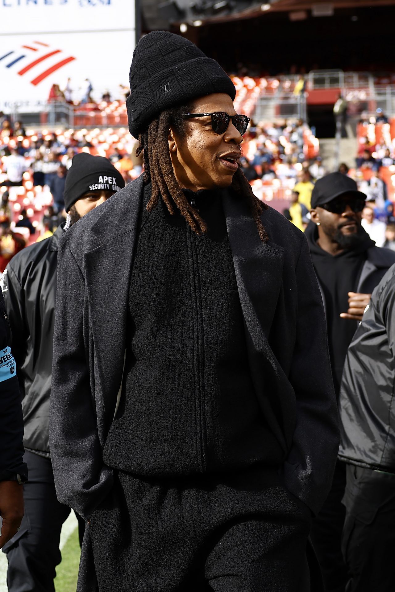 LANDOVER, MARYLAND - NOVEMBER 24: Rapper Jay-Z is seen prior to a game between the Dallas Cowboys and the Washington Commanders at Northwest Stadium on November 24, 2024 in Landover, Maryland. (Photo by Timothy Nwachukwu/Getty Images)