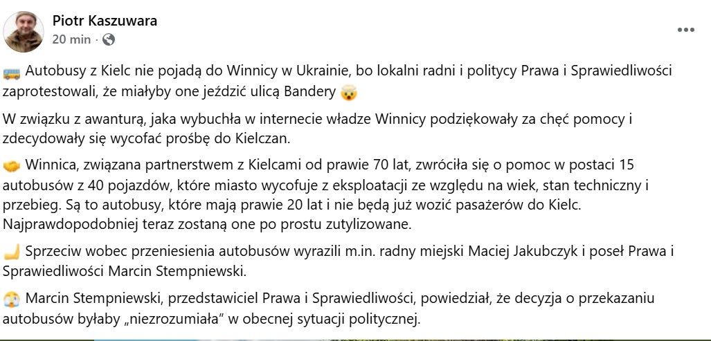 Spór o ul. Bandery. Autobusy z Kielc nie pojadą do Winnicy