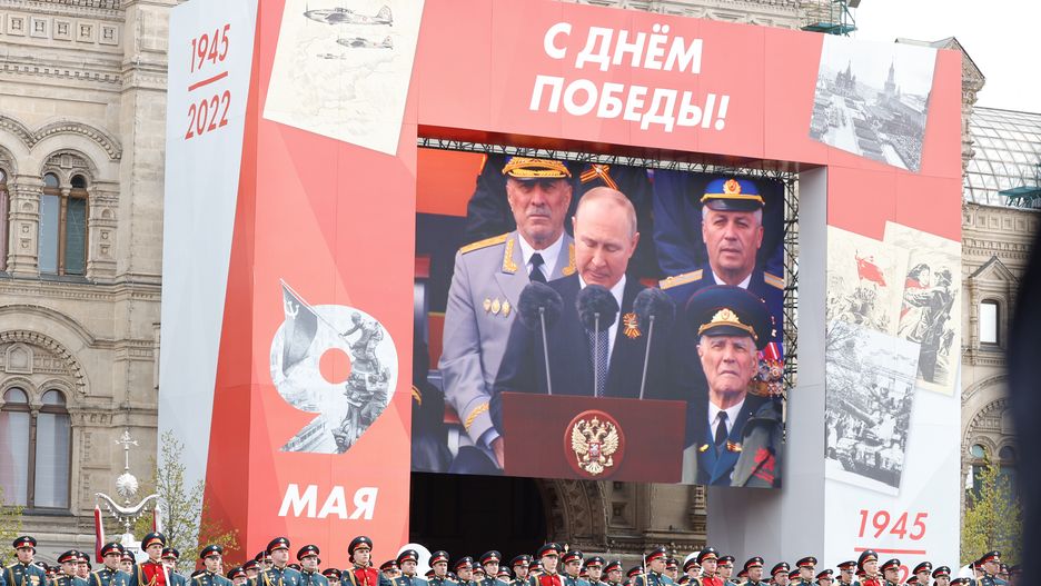 MOSCOW, RUSSIA - MAY 09: Russian President Vladimir Putin is seen on the screen as he delivers a speech during 77th anniversary of the Victory Day in Red Square in Moscow, Russia on May 09, 2022. The Victory parade take place on the Red Square on 09 May to commemorate the victory of the Soviet Union's Red Army over Nazi-Germany in WWII. (Photo by Sefa Karacan/Anadolu Agency via Getty Images)