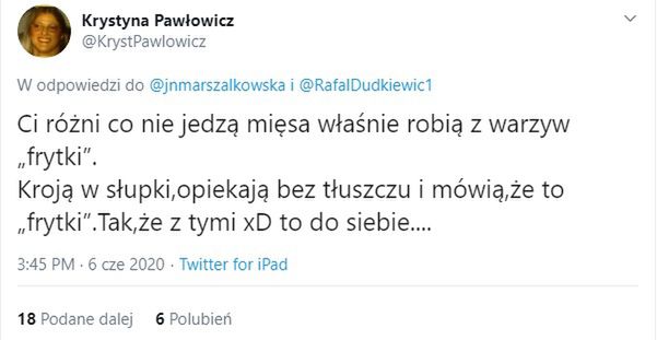 Krystyna Pawłowicz pomstuje na frytki z ziemniaków