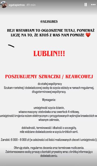 Agata Pietras szuka krawcowej