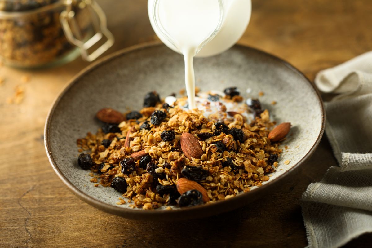 Ready-made granola just needs to be poured with milk and breakfast is ready.