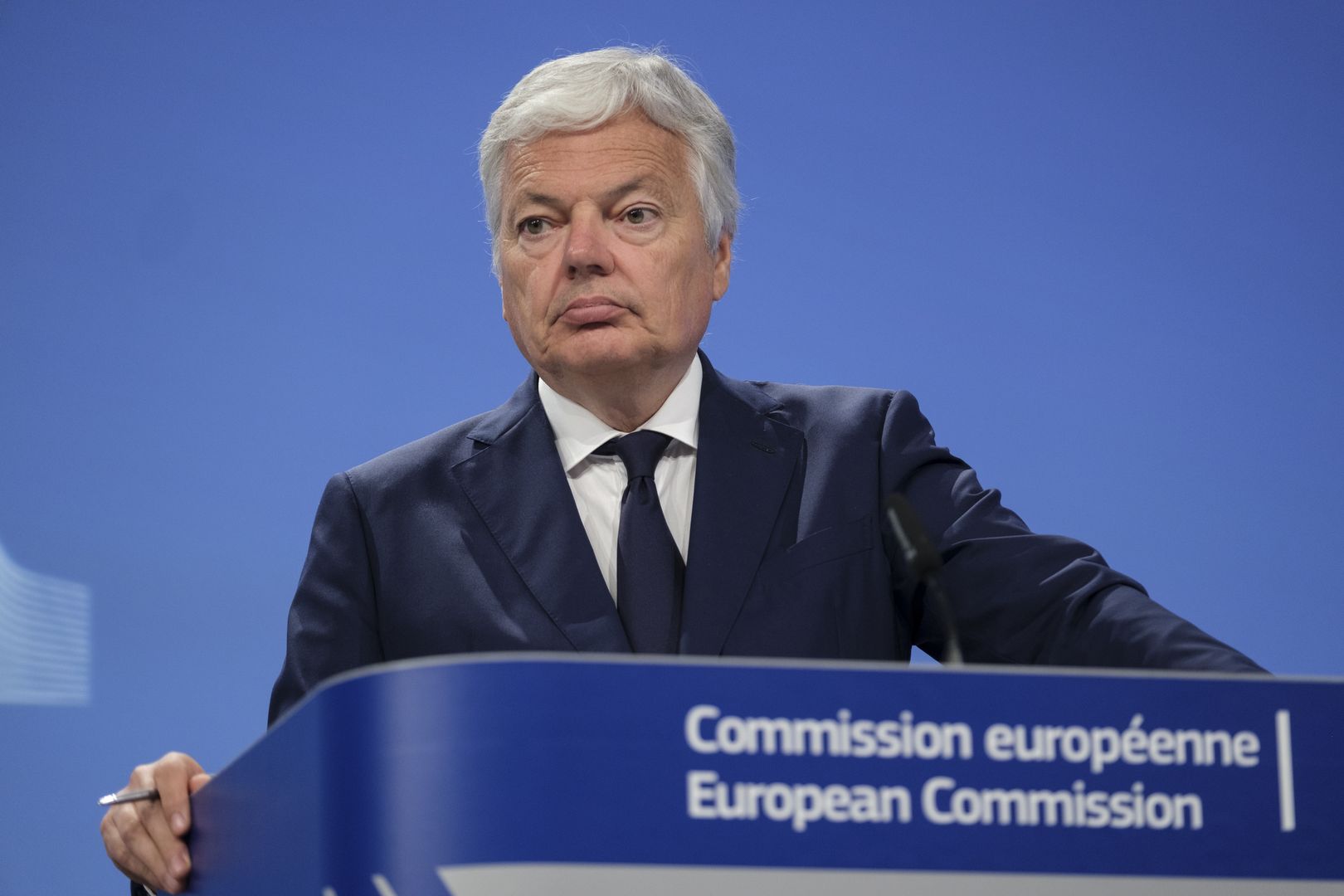BRUSSELS, BELGIUM - JULY 24: EU Commissioner for Justice Didier Reynders is talking to media in the Berlaymont, the EU Commission headquarters on July 24, 2024 in Ixelles, Belgium. The Commission has today published its fifth annual Rule of Law Report, examining systematically and objectively rule of law developments in all Member States on an equal basis. In comparison to the first publication of the Rule of Law Report adopted in 2020, Member States and the EU as a whole are much better prepared to detect, prevent and address emerging challenges. (Photo by Thierry Monasse/Getty Images)
