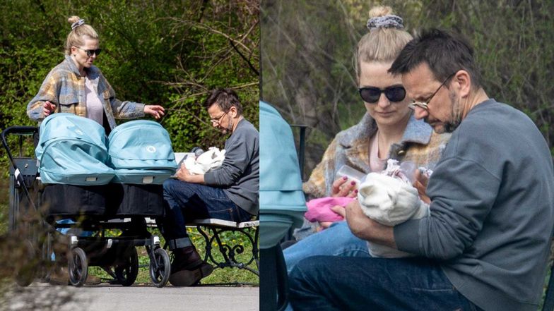 Bartłomiej Topa na spacerze z partnerką i córkami bliźniaczkami