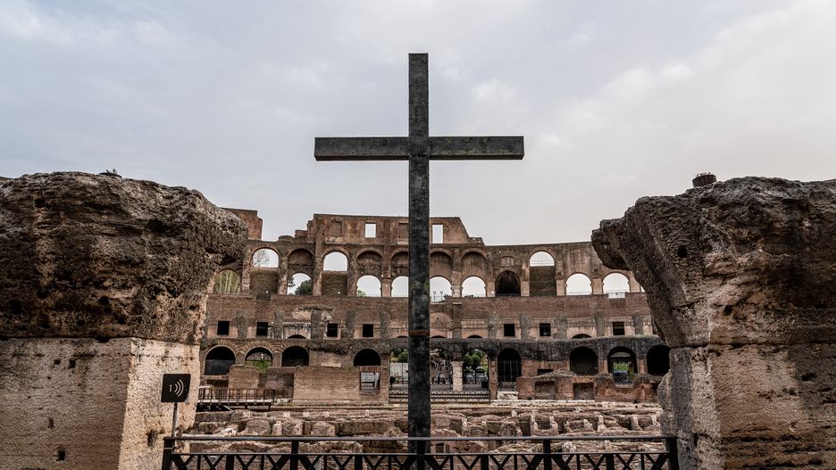 ROME, ITALY - 2024/03/29: A general view shows the inside of the ancient Colosseum before the Via Crucis procession on Good Friday. Christians around the world celebrate Holy Week, commemorating the crucifixion of Jesus Christ, leading to his resurrection at Easter. (Photo by Stefano Costantino/SOPA Images/LightRocket via Getty Images)