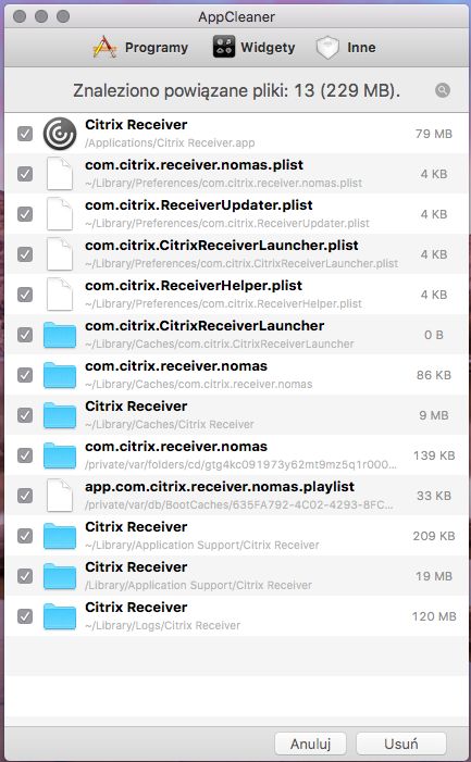 AppCleaner znalazł Citrix Receivera, ale wtyczki HDX ani chu chu