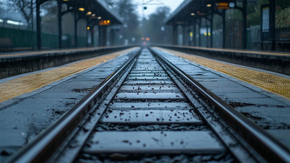 Empty train tracks at a station on a misty morning.
railway, tracks, train, station, platform, rails, transportation, travel, journey, commute, public, transport, transit, railroad, railway line, steel, metal, perspective, vanishing point, lines, geometry, infrastructure, urban, city, damp, wet, mist, fog, morning, day, overcast, gloomy, atmospheric, deserted, empty, solitude, quiet, stillness, calm, serene, outdoors, grey, concrete, ground, asphalt, depth, distance, way, railway, tracks, train, station, platform, rails, transportation, travel, journey, commute, public, transport, transit, railroad, railway line, steel, metal, perspective, vanishing point, lines, geometry, infrastructure, urban, city, damp, wet, mist, fog, morning, day, overcast, gloomy, atmospheric, deserted, empty, solitude, quiet, stillness, calm, serene, outdoors, grey, concrete, ground, asphalt, depth, distance, way