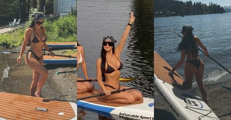 Kim Kardashian w BIKINI chwali się aktywnym dniem, pływając na SUP-ie przy brzegu jeziora. Prawdziwa sportowczyni?