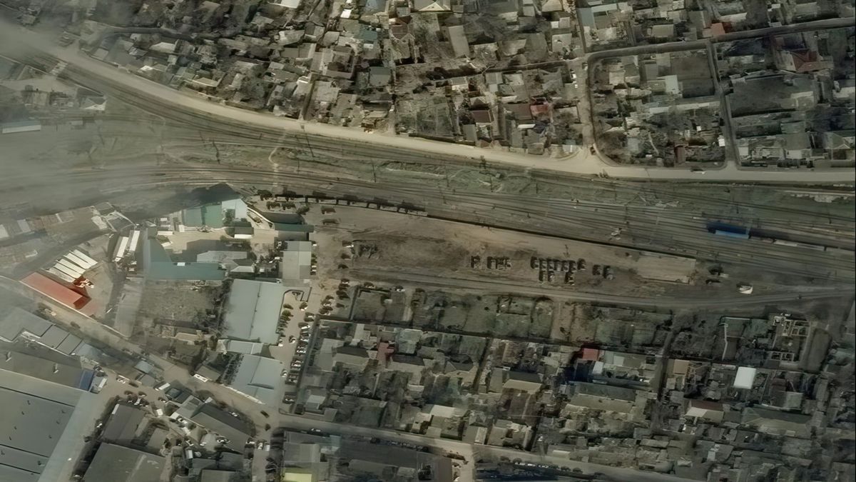 YEVPATORIA, CRIMEA -- FEBRUARY 15, 2022:  Maxar satellite imagery showing Armored vehicles at a rail yard in Yevpatoria in Crimea.  Please use: Satellite image (c) 2023 Maxar Technologies.