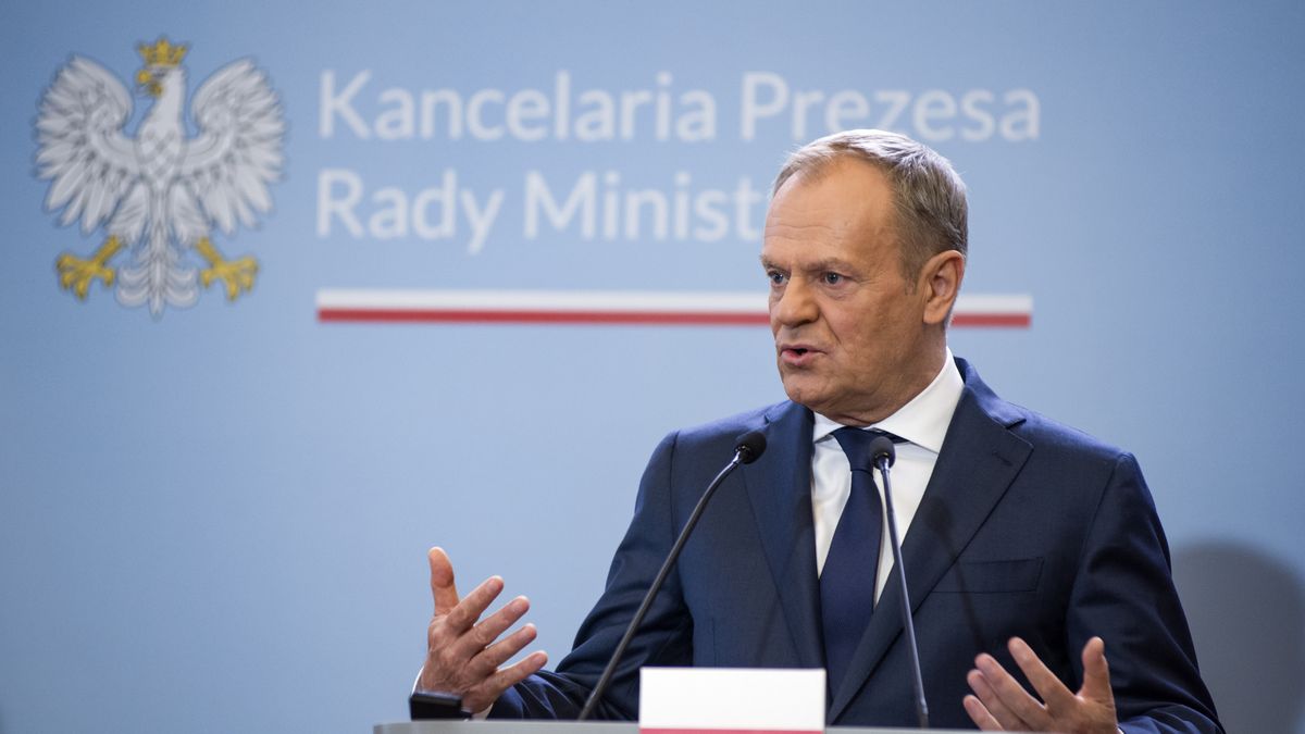 WARSAW, POLAND - 2024/03/28: PM Donald Tusk speaks at a press conference with Prime Minister Denys Shmyhal in Warsaw. Poland's Prime Minister Donald Tusk and Ukraine's Prime Minister Denys Shmyhal signed agreements as the Polish and Ukrainian governments hold talks seeking to end an impasse over trade, with Polish farmers angry over the influx of Ukrainian food and agricultural products which they blame for hurting their business. The Prime Ministers also talked about strong support and how to strengthen Ukraine in the war. (Photo by Attila Husejnow/SOPA Images/LightRocket via Getty Images)