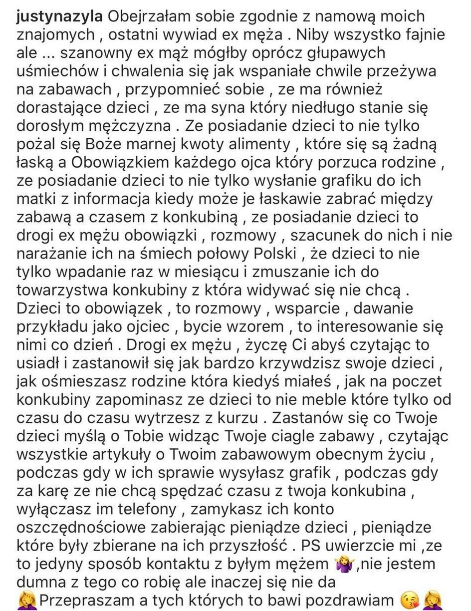 Wpis Justyny Żyły na temat nowego wywiadu Piotra