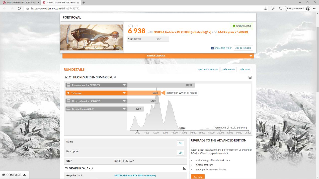 wynik testu z kartą mobilną GeForce RTX 3080 TGP 130