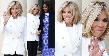 Dziarska Brigitte Macron w marynarce za 10 tysięcy ściska rękę pierwszej damy Liberii (ZDJĘCIA)