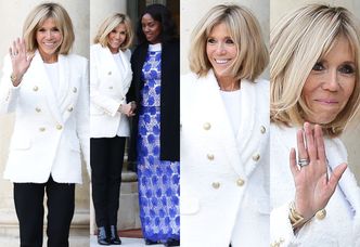 Dziarska Brigitte Macron w marynarce za 10 tysięcy ściska rękę pierwszej damy Liberii (ZDJĘCIA)