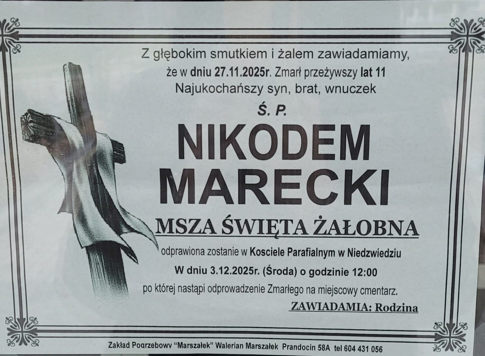 Informacje o pogrzebie Nikodema Mareckiego