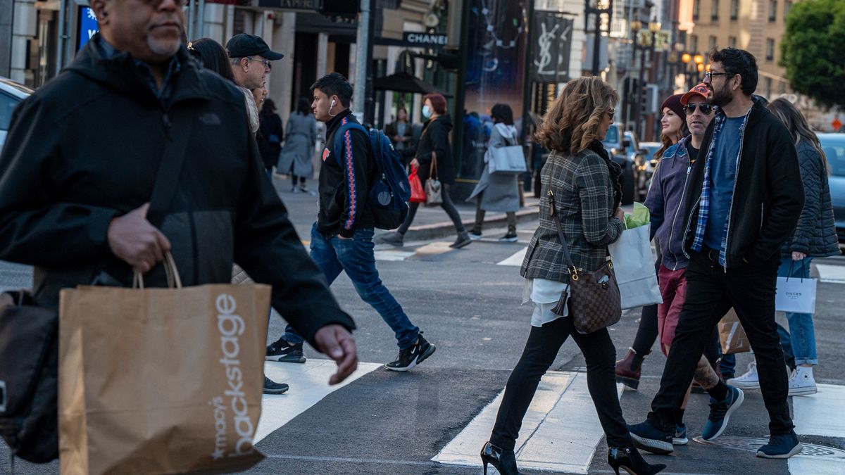 Shoppers During Holiday Retail Season
Shoppers cross Geary Street in San Francisco, California, US, on Tuesday, Nov, 29, 2022. US retailers eked out modest growth over Black Friday weekend with deep discounts that lured shoppers seeking a reprieve from stubborn inflation. Photographer: David Paul Morris/Bloomberg via Getty Images
Bloomberg
christmas shopping, us, shopper, holiday shopping, u.s., shoppers, shops, americas, shop, festive shopping, u.s.a., industries, san francisco, business news, north american, consumer goods, american, united states of america