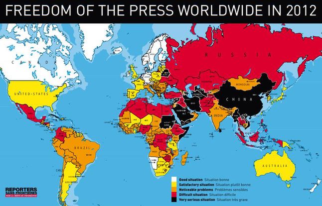 Wolność słowa na świecie według Reporterów bez Granic (Fot. RSF.org)