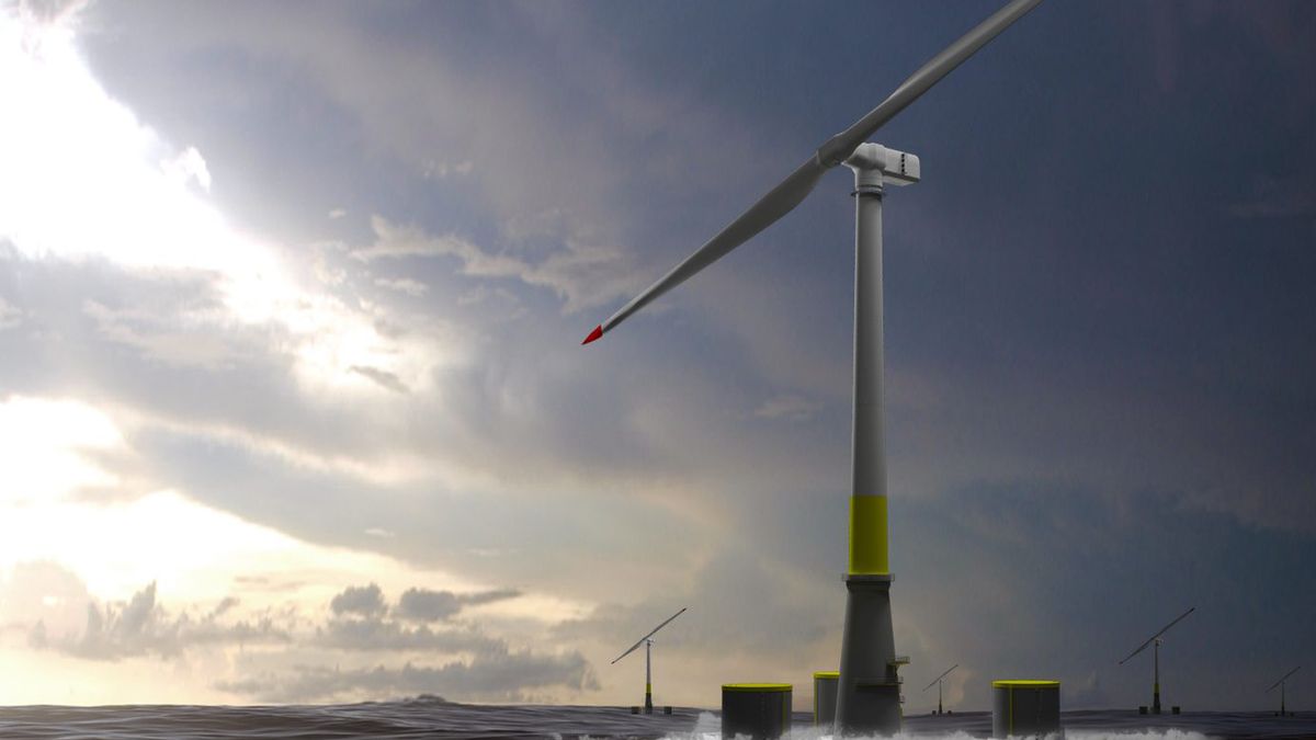 Wizualizacja turbiny wiatrowej wzorowanej na wirniku śmigłowca, opracowywanej przez firmę Seawind Ocean Technology