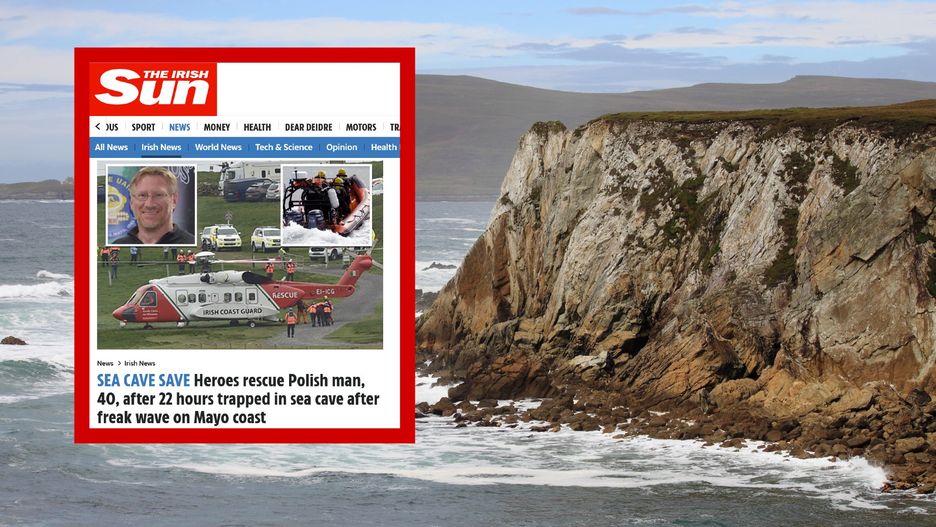 Irlandzkie wybrzeże klifowe. Polak był uwięziony w jednej z jaskiń.