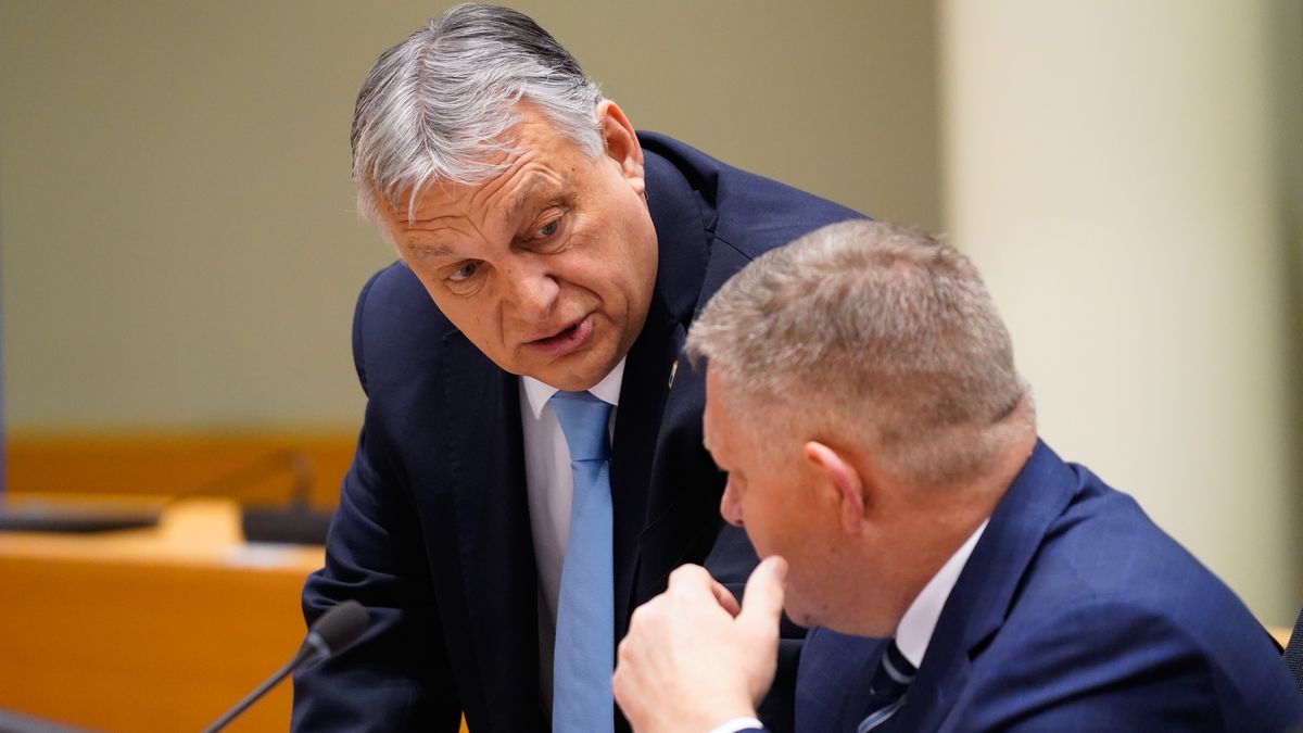 Viktor Orban, Hungary's prime minister, left, speaks with Robert Fico, Slovakia's prime minister, at the European Union (EU) Council summit in Brussels, Belgium, on Friday, March 22, 2024. European Union leaders are gathering for the two-day summit with the wars in Ukraine and Gaza front and center. Photographer: Simon Wohlfahrt/Bloomberg via Getty Images