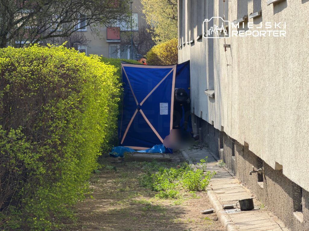Mężczyzna w niebieskim namiocie przeprowadza czynności na terenie zieleni przy budynku mieszkalnym.