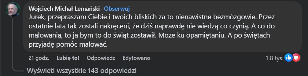 Komentarz ks. Wojciecha Lemańskiego na Facebooku