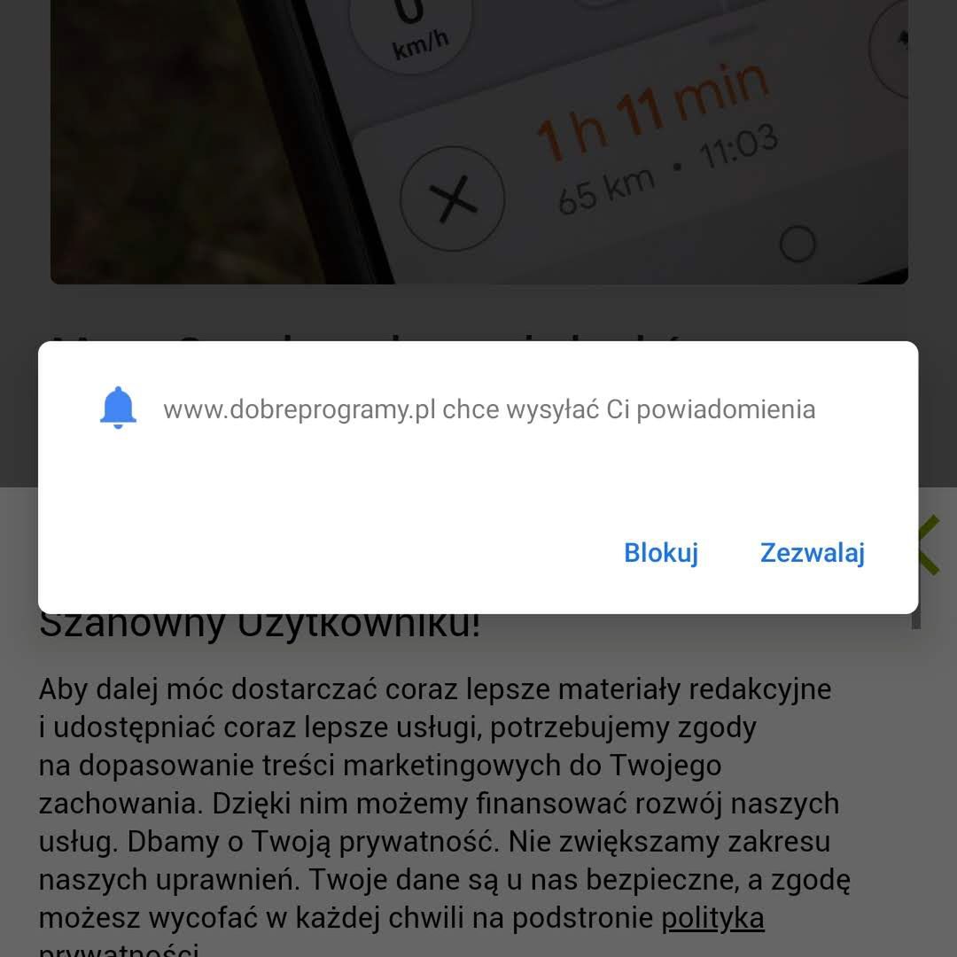 Pytanie strony o możliwość przesyłania powiadomień push, Android