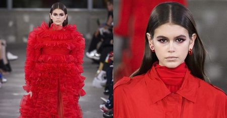 Zmęczona Kaia Gerber tonie w czerwonych falbanach