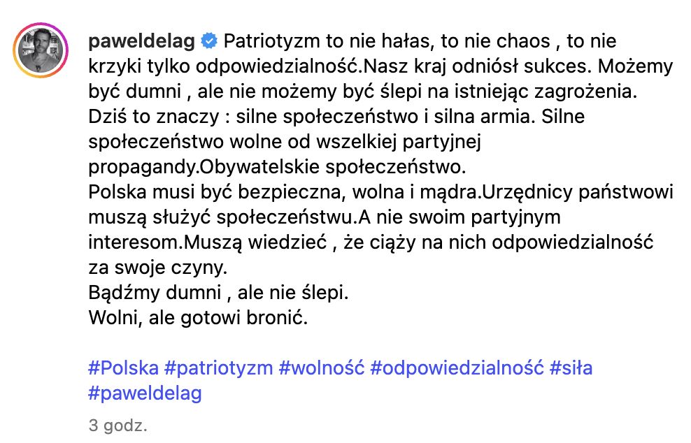 Paweł Deląg dodał wpis na temat patriotyzmu