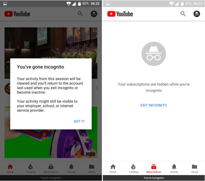 Uruchomiony tryb incognito w aplikacji YouTube. Źródło: Android Police.