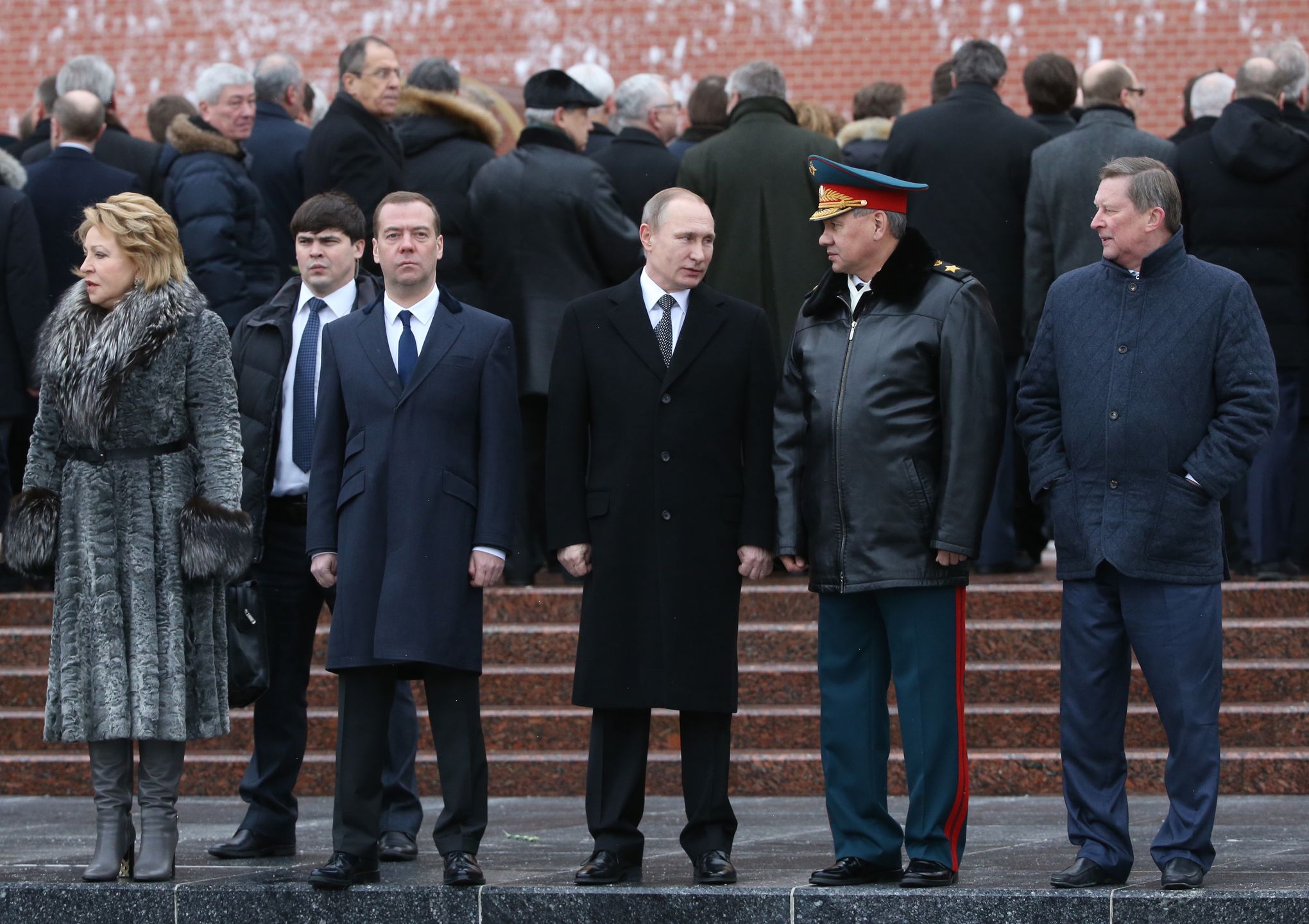 Russian President Vladimir Putin Attends Defender Of The Fatherland Day ServiceMOSCOW, RUSSIA - FEBRUARY 23: (RUSSIA OUT) Russian President Vladimir Putin (C) talks to Defence Minister Sergei Shoigu (2nd R) as Presidential Chief of Staff Sergei Ivanov (R), Prime Minister Dmitry Medvedev (3rd L) and Council of the Federation Speaker Valentina Matviyenko (L) look on during a wreath laying ceremony at the Unknown Soldier Tomb in front of the Kremlin on February 23, 2016 in Moscow, Russia. Russia marks Defender Of The Fatherland Day today. It is also known as the Soviet Army and Navy Day. (Photo by Mikhail Svetlov/Getty Images)Mikhail SvetlovPutin, Russia