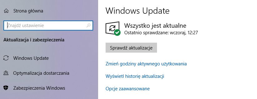 Status Windows Update w systemie Windows 10.