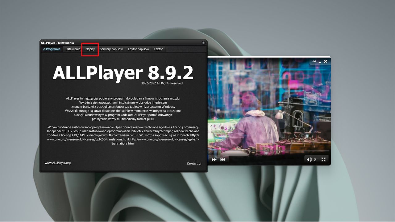 ALLPlayer: przechodzimy do zakładki Napisy