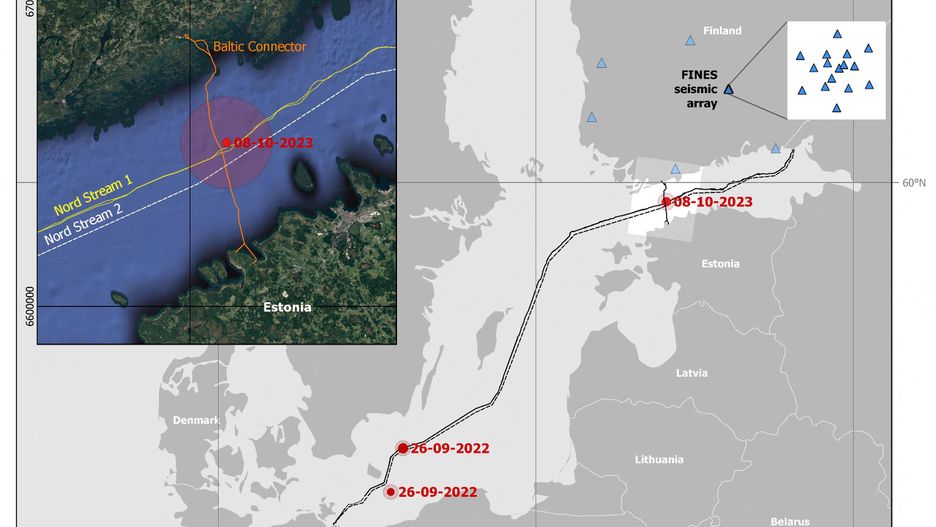 A graphic obtained by on October 13, 2023, shows where the Balticconnector pipeline between Finland and Estonia was damaged on Sunday, October 8, by an unknown reason.